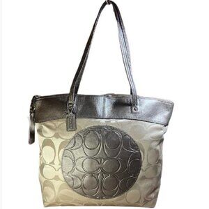 Coach Laura Signature Jacquard and Metallic Gold Leather Trim Tote NWT New